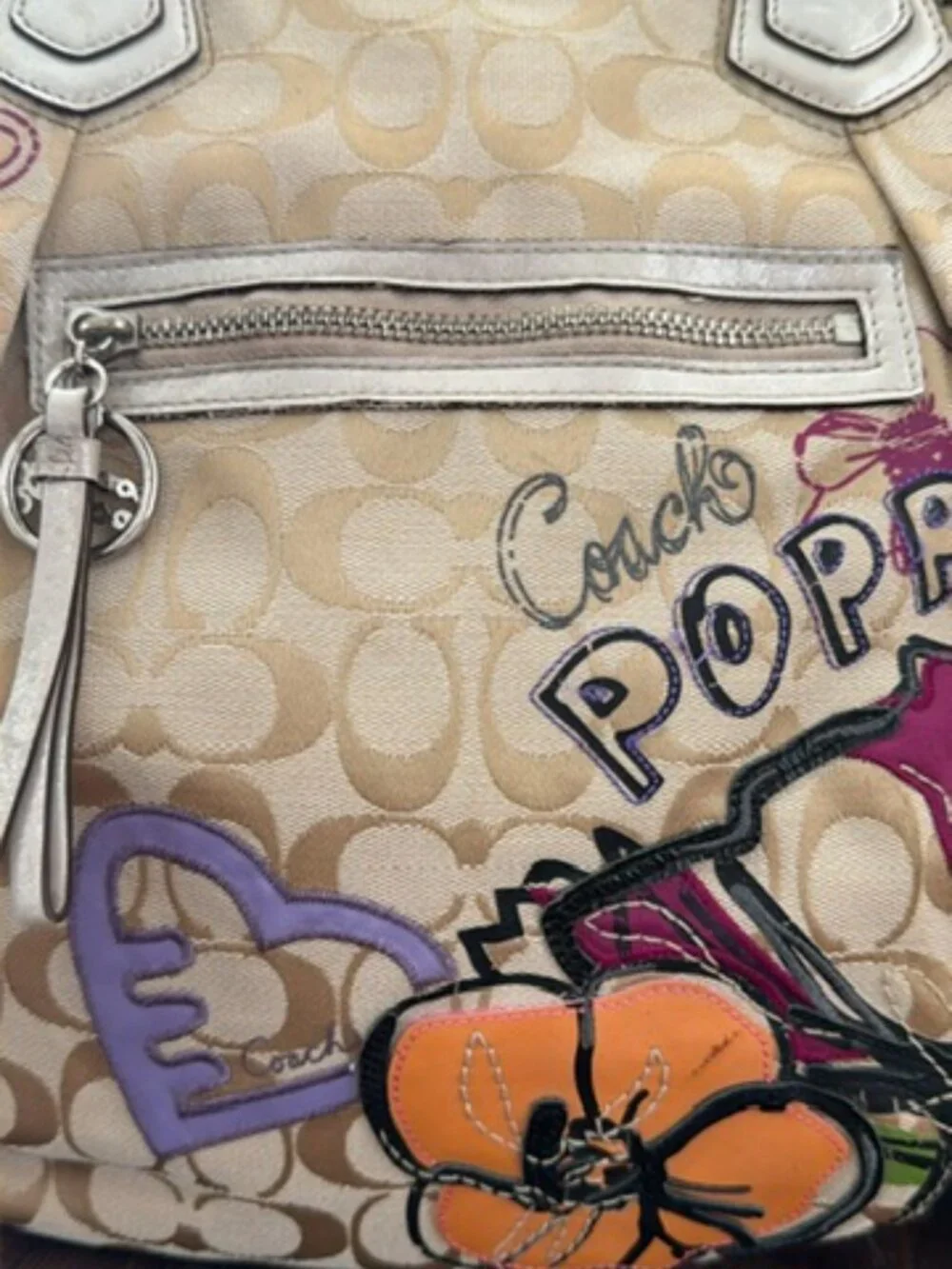 Coach Beige Signature Canvas Floral Poppy Satchel with Purple Accents